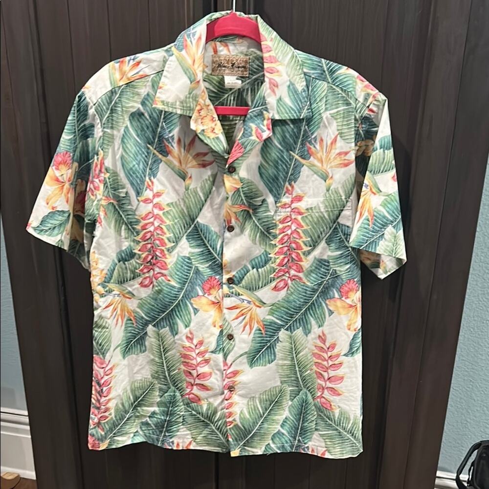 Blue Hawaii Mens Aloha Shirt 100% Cotton Bird of Paradise Made in Hawaii USA L